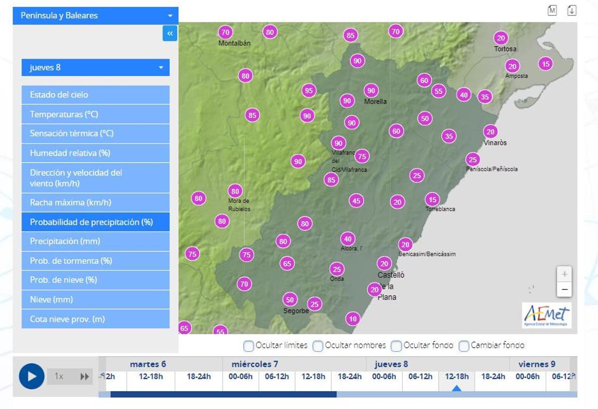 Probabilidad de lluvia en Castellón entre las 12.00 y las 18.00 horas del jueves.