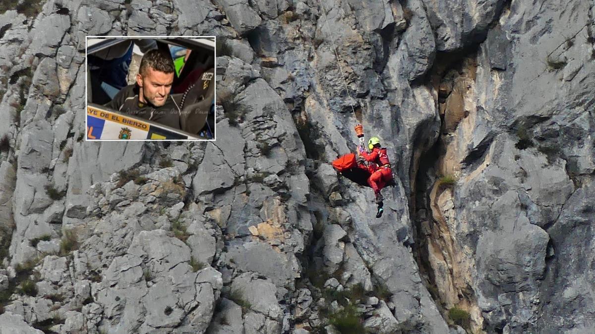 Izado del cadáver del montañero rescatado en Teverga. En el recuedaro, Carlos Fernández, el fallecido.