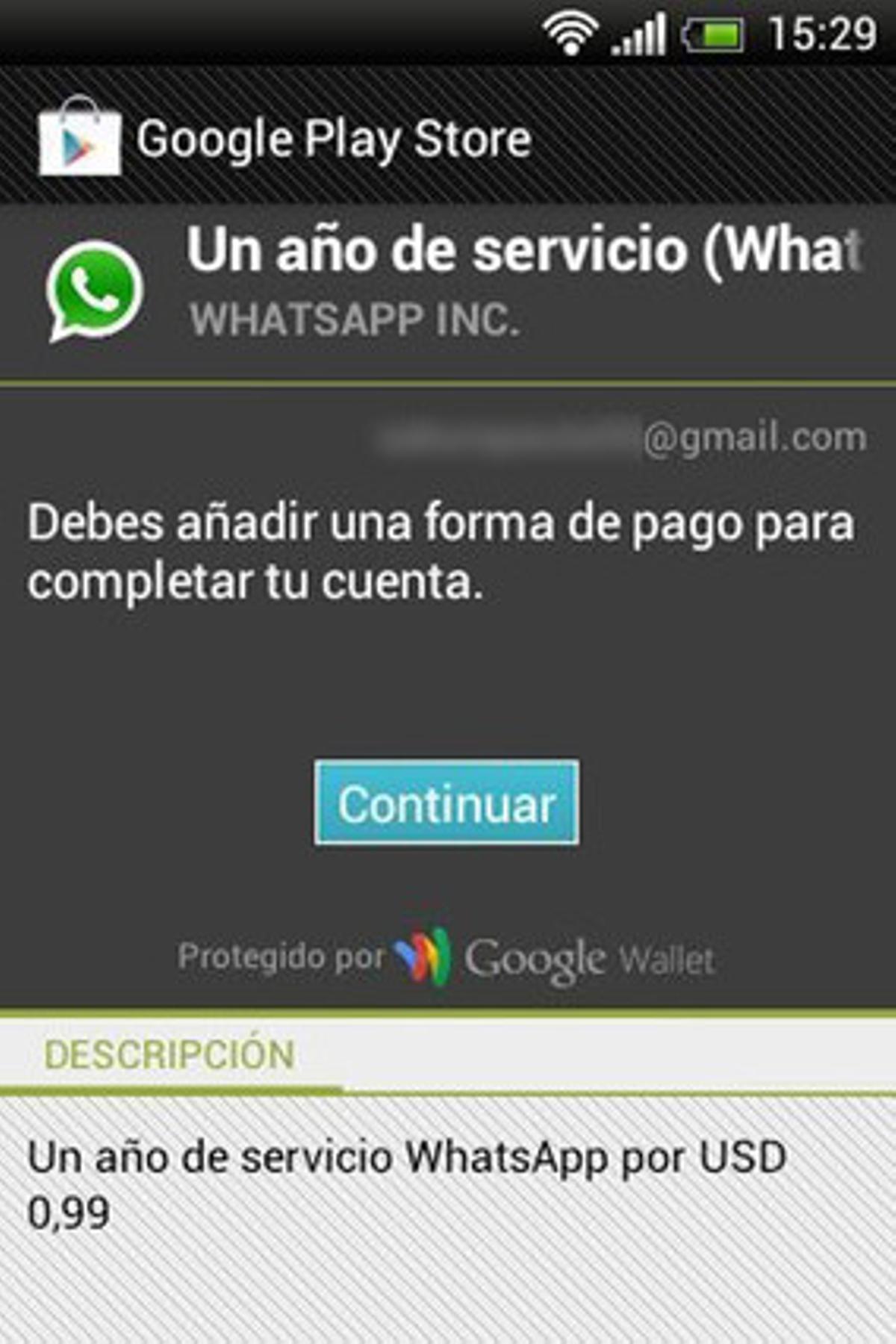Captura de pantalla amb un avís de pagament de Whatsapp. Captura de pantalla amb un avís de pagament de Whatsapp.