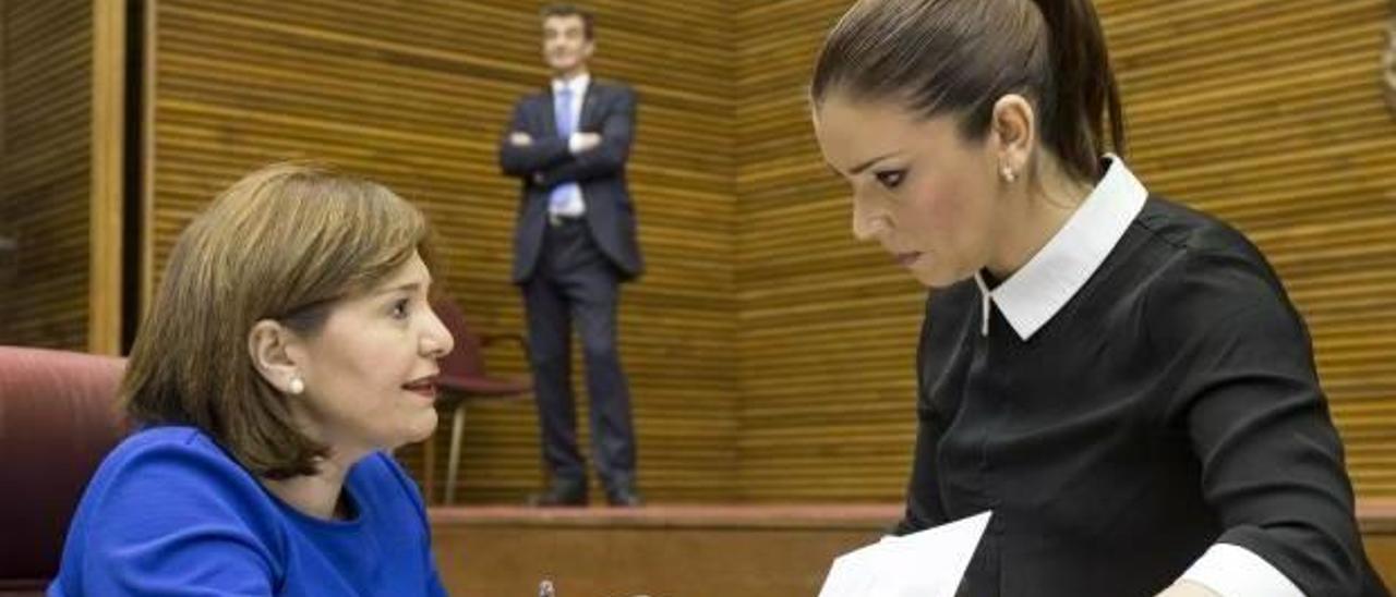 La síndica del PP Isabel Bonig escucha a la de Ciudadanos, Mari Carmen Sánchez, en las Corts.