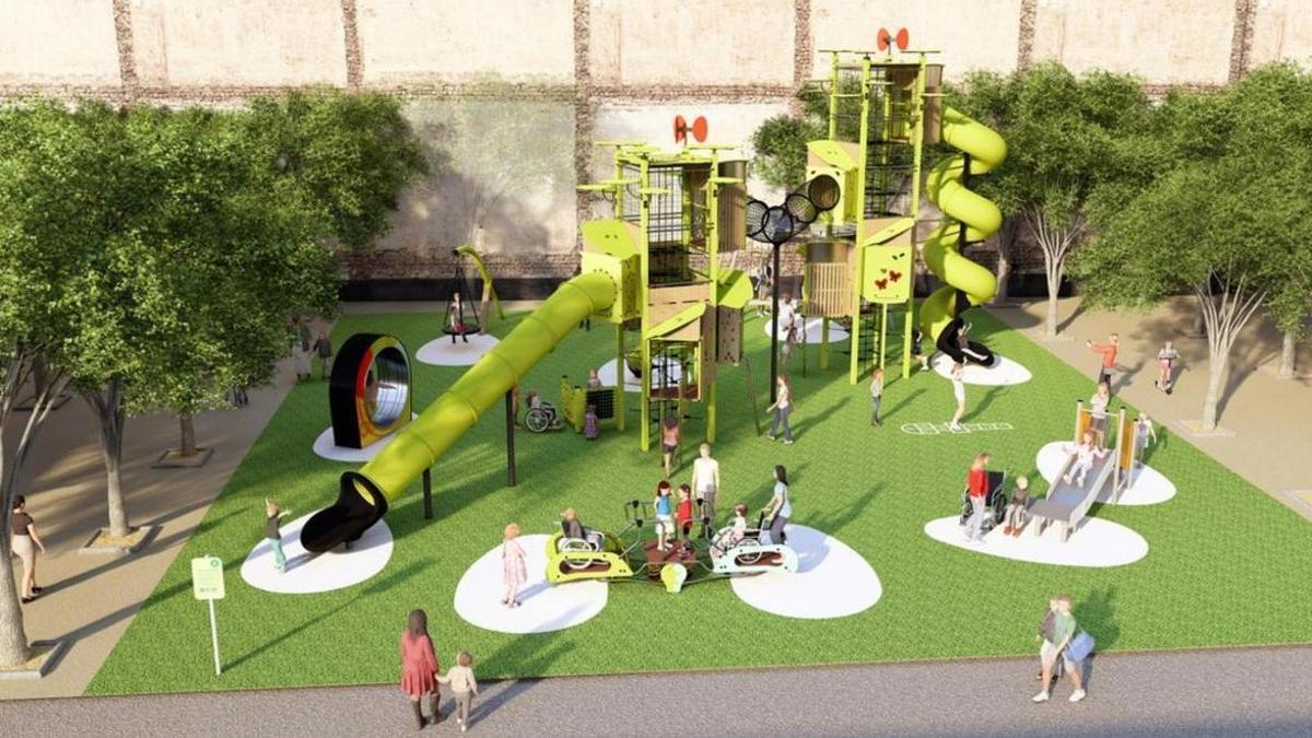Render de com serà el parc infantil de plaça Catalunya.