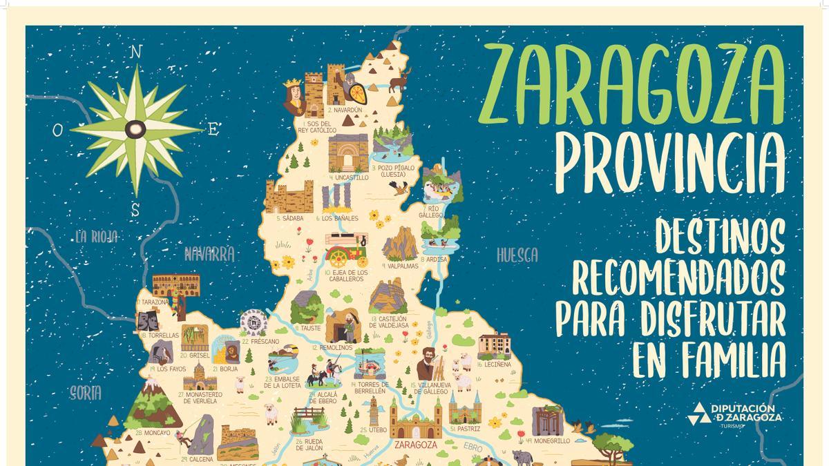 El mapa recoge 64 destinos en la provincia de Zaragoza ideales para visitar en familia.