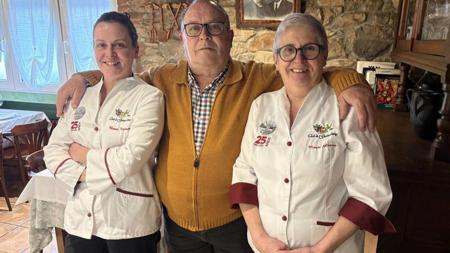 Blanca Menéndez, Álvaro Menéndez y Mayte Álvarez, en el comedor, con la foto de los fundadores detrás. | D. ÁLVAREZ