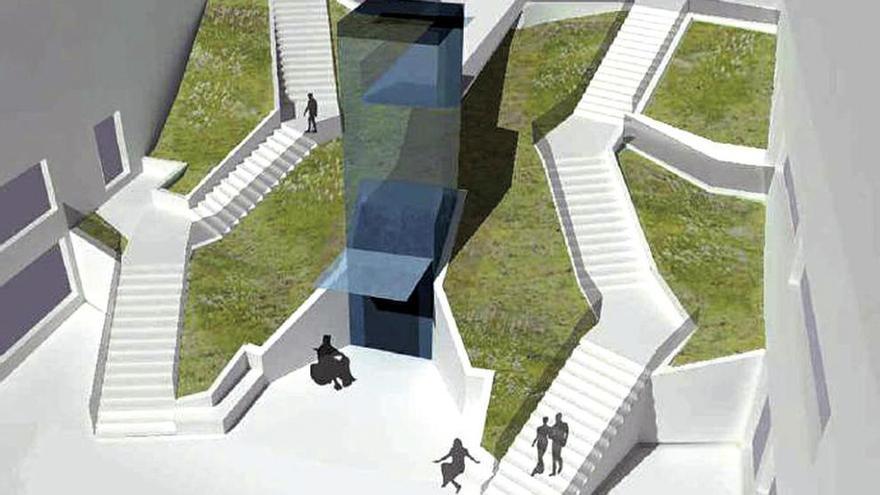Recreación del elevador y la ímagen que presentará la zona, con nuevas escaleras y zona verde, // FDV