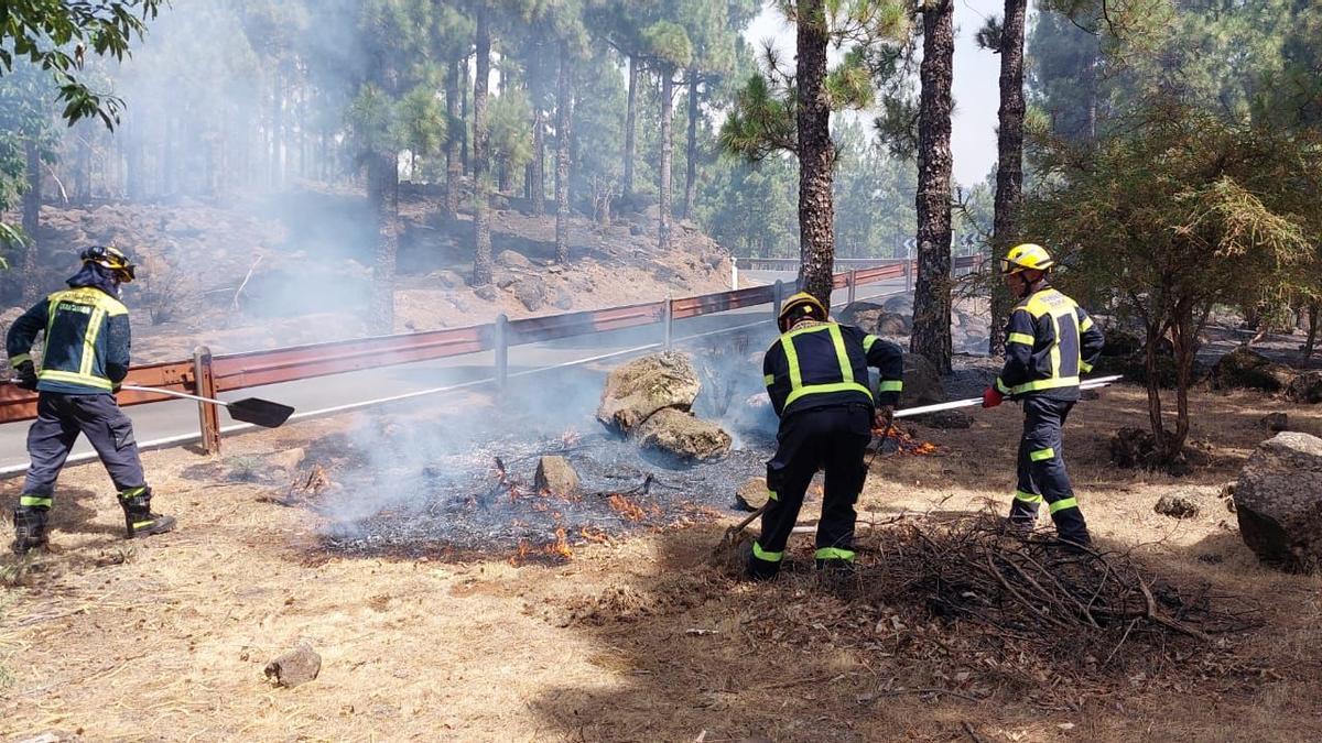 Un grupo de bomberos ataja las llamas en el incendio de Gran Canaria.