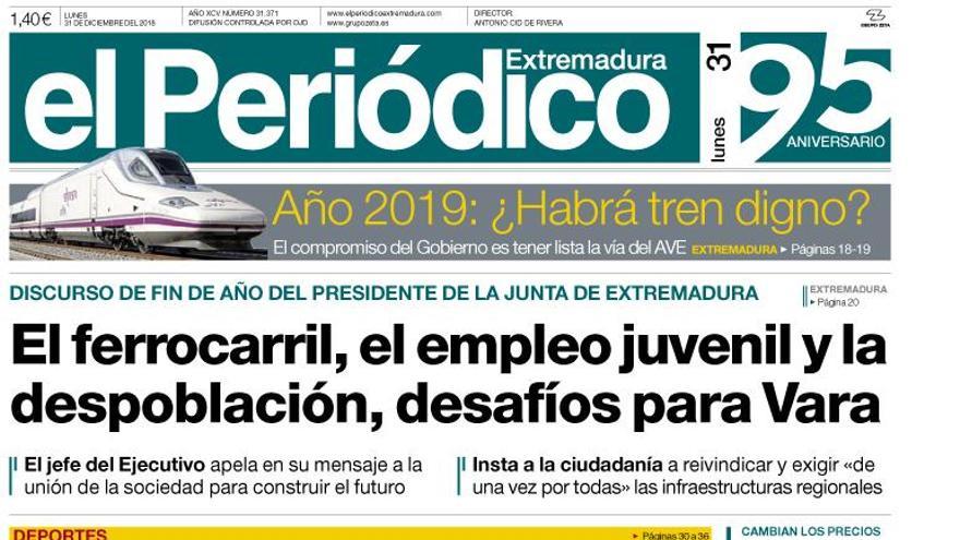 Esta es la portada de EL PERIÓDICO EXTREMADURA correspondiente al día 31 de diciembre del 2018