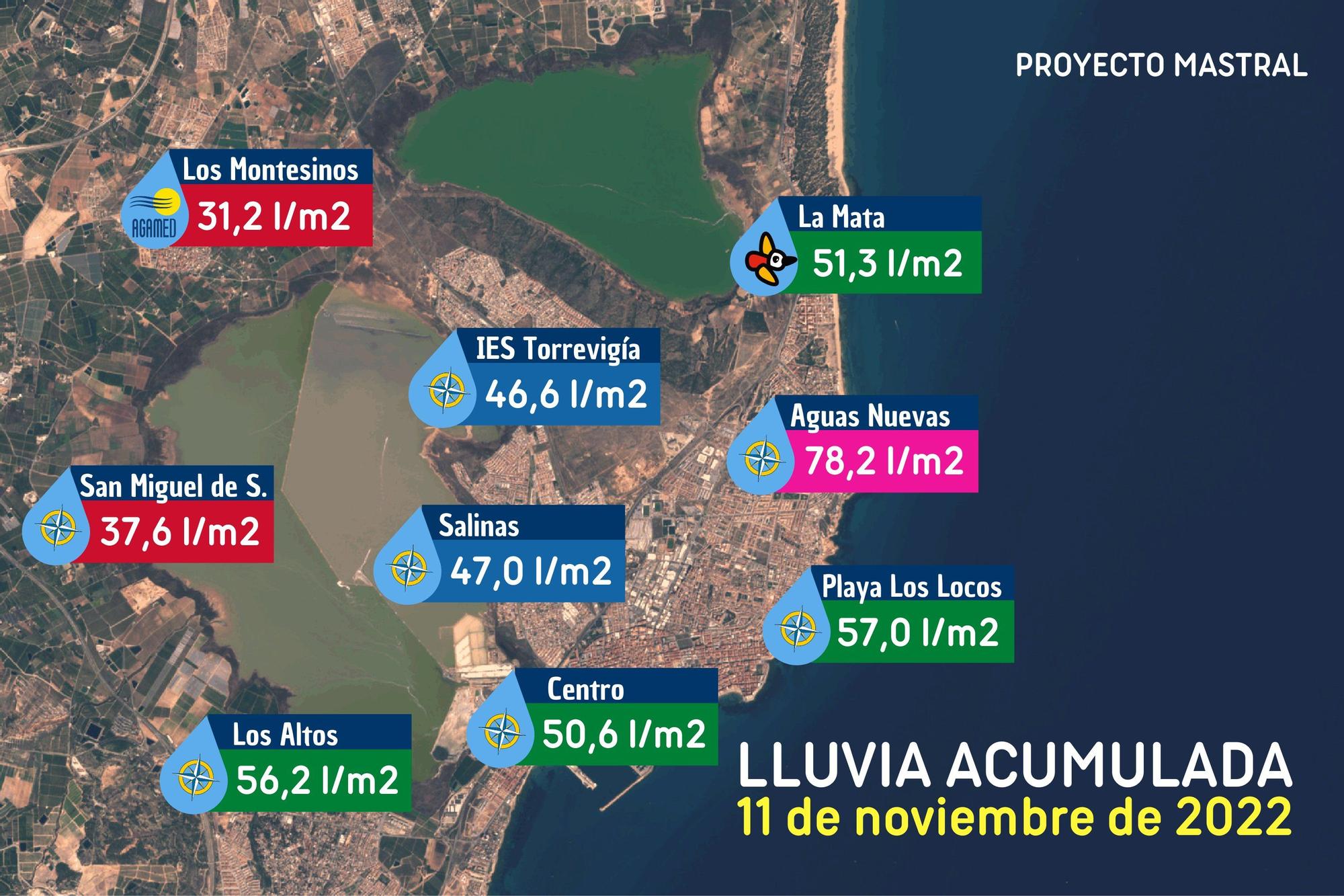 Mapa de precipitaciones en el término municipal de Torrevieja este viernes 11 de noviembre de 2022