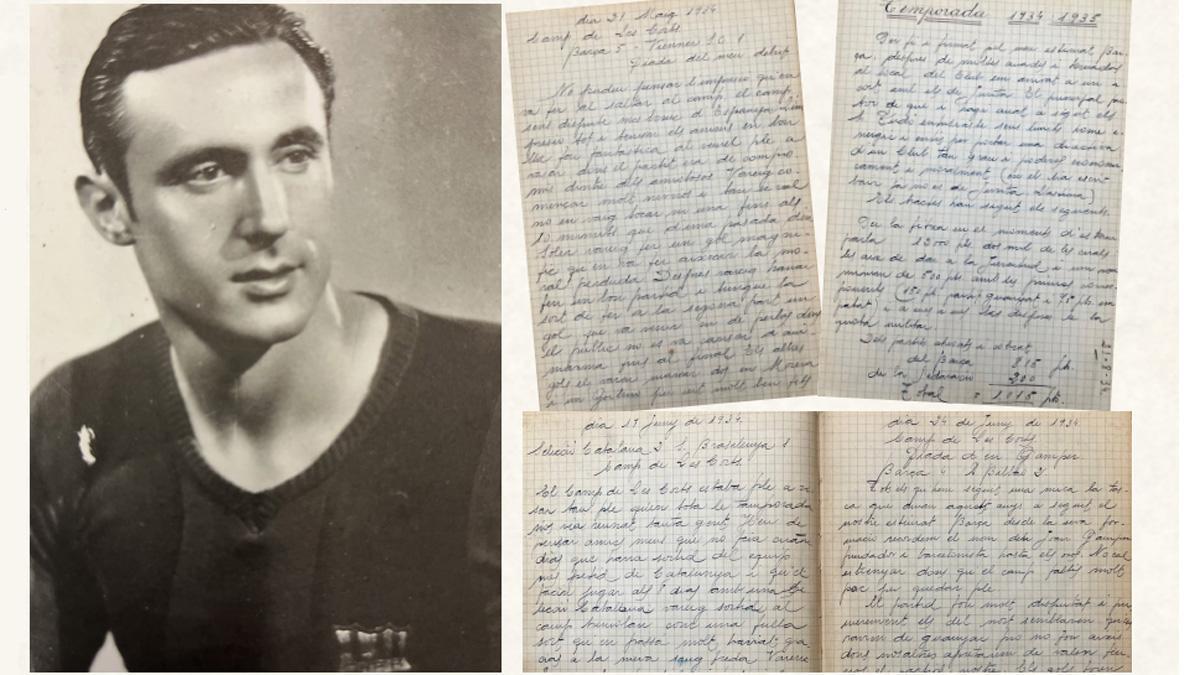 Una imagen de Josep Raich y algunas páginas de su diario, que empezó cuando debutó con el FC Barcelona