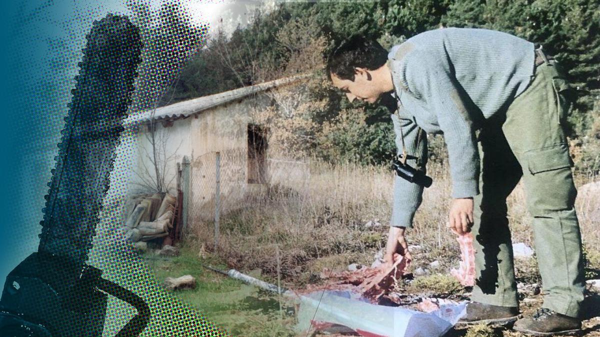 Pascual Garrido (en la foto) poniendo comida en un muladar y la caseta donde apareció asesinado.