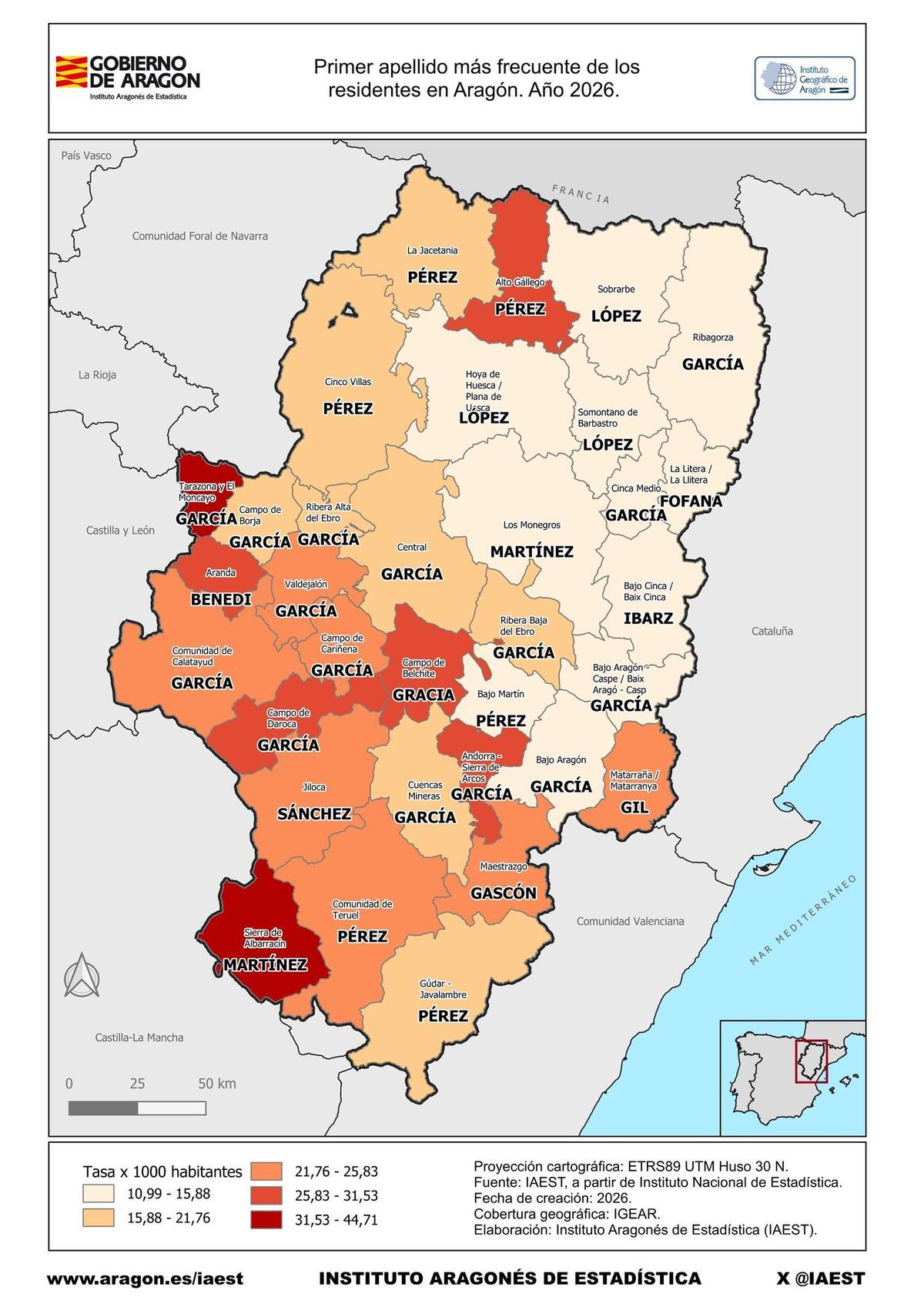 Mapa del primer apellido del Instituto Aragonés de Estadística