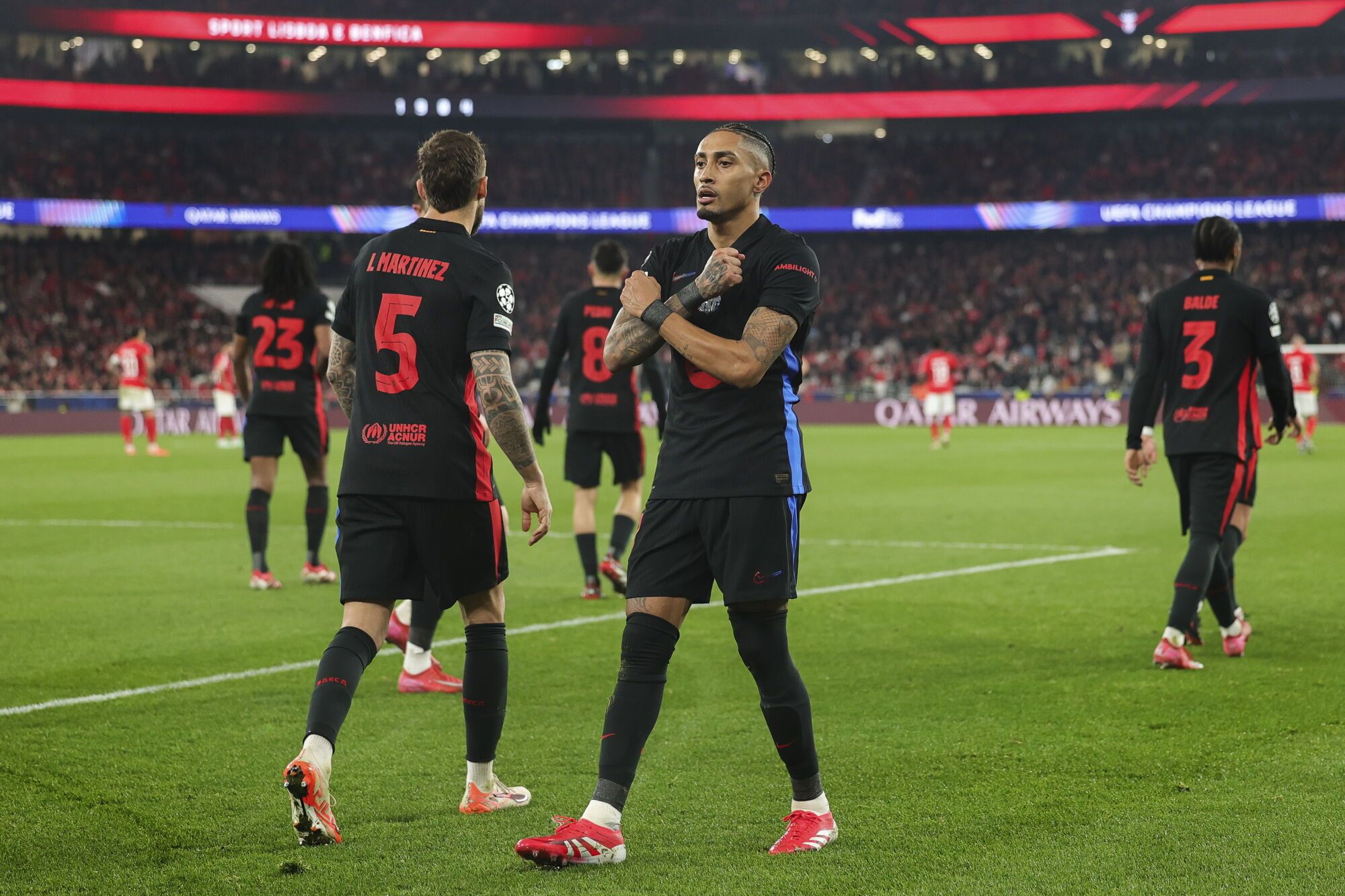 Lisbon (Portugal), 05/03/2025.- FC Barcelona player Rafinha celebrates scoring the opening goal during the during the UEFA Champions League Round of 16 first leg soccer match between Benfica and Barcelona held at Luz Stadium, Lisbon, Portugal, 05 March 2025. (Liga de Campeones, Lisboa) EFE/EPA/ANTONIO COTRIM