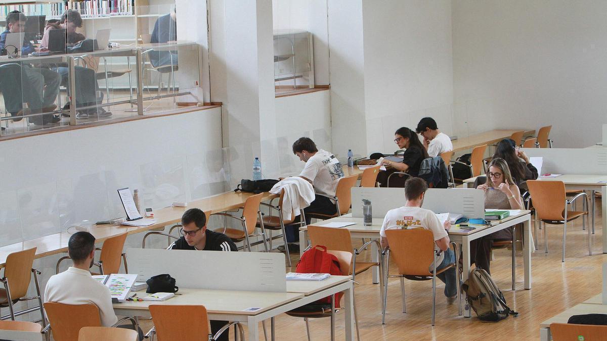 Estudiantes en la biblioteca Rosalía de Castro del campus.