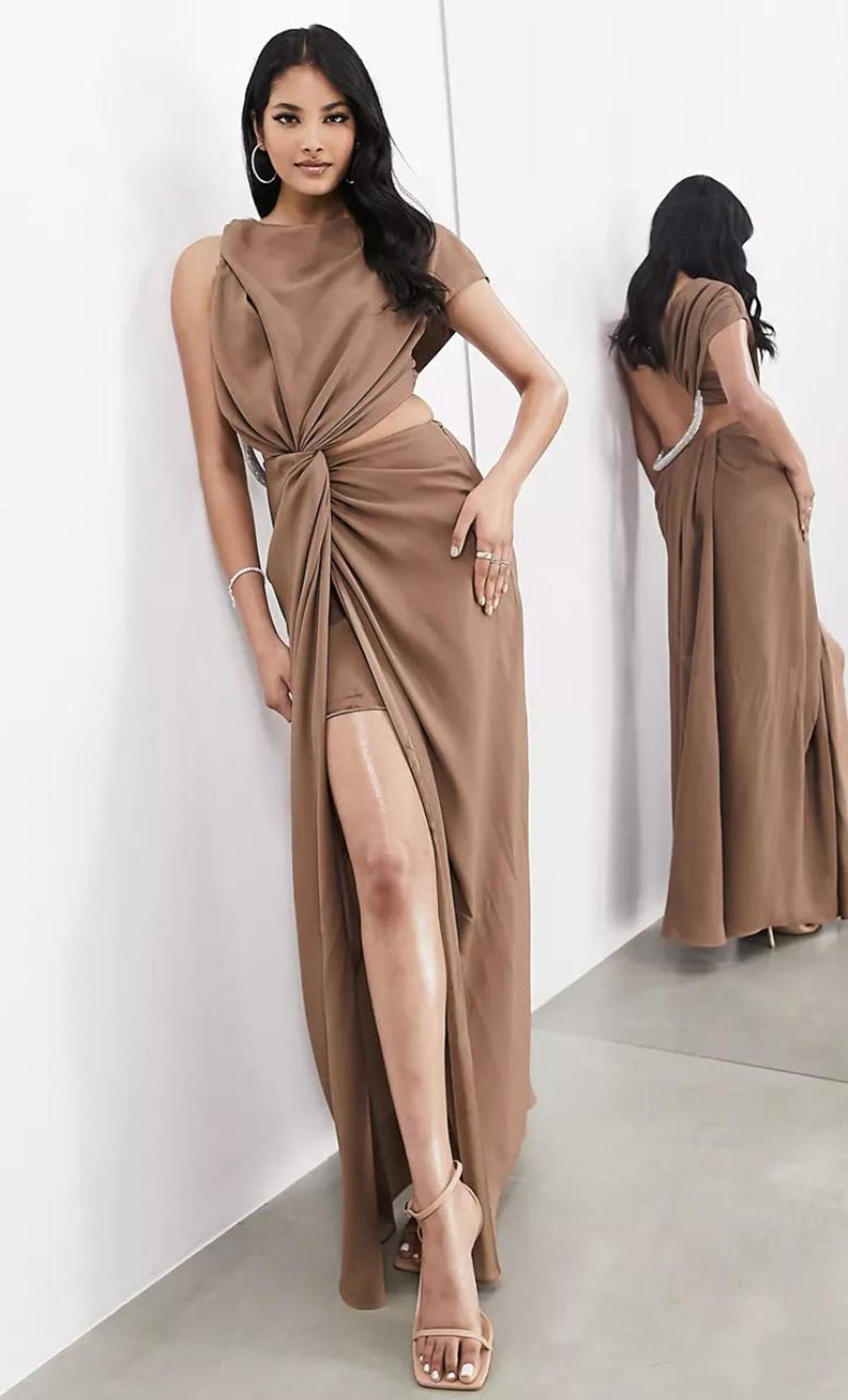Vestido largo color moca de satén con detalle asimétrico en el cuello de cuerda de strass premium de ASOS EDITION