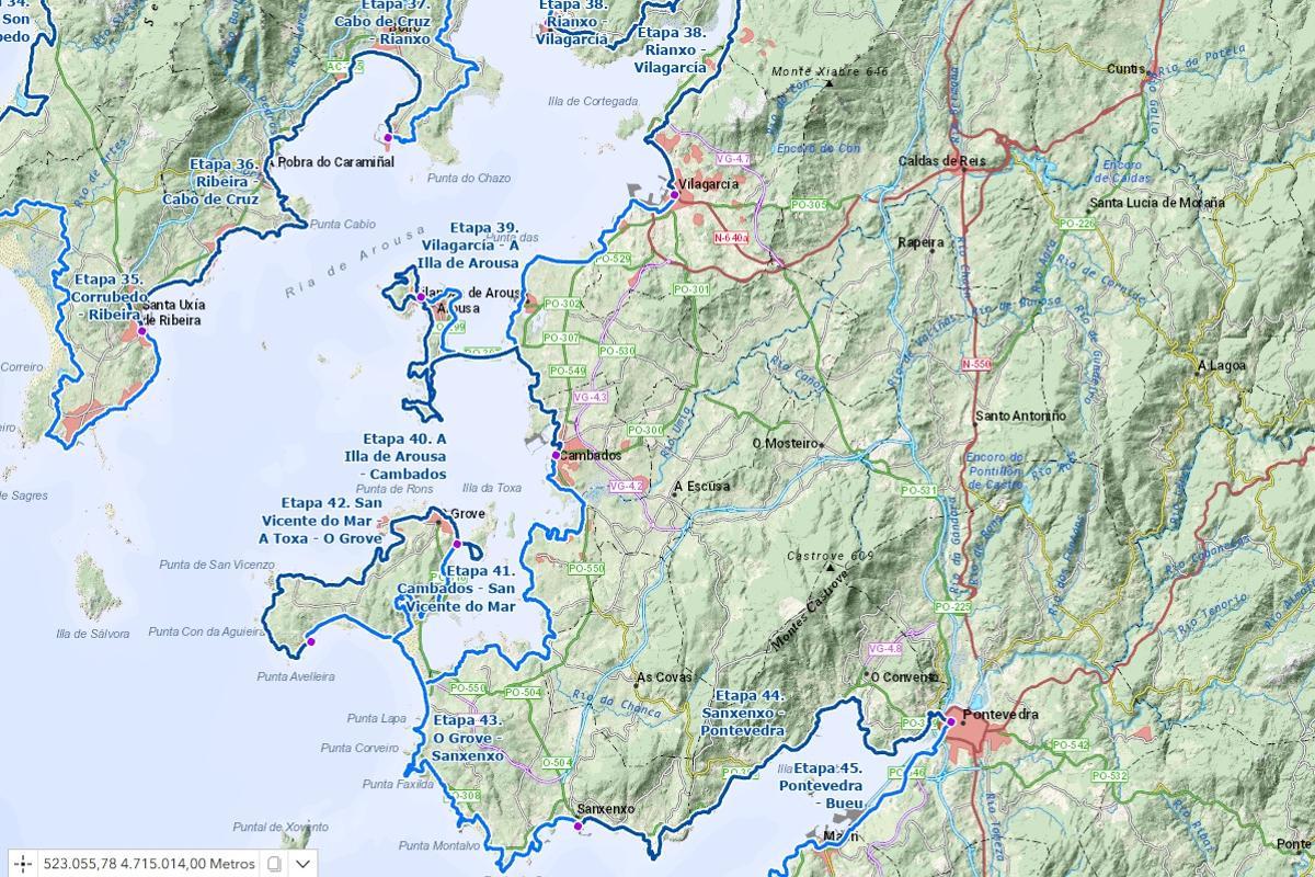 Mapa con las etapas del Camiño do Litoral de Galicia en O Salnés.