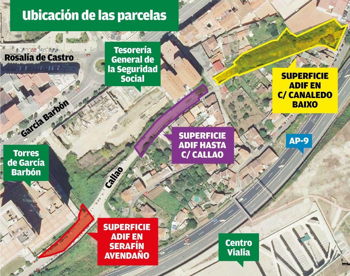 Parcelas cedidas por Adif al Concello en Serafín Avendaño, Callao y Canadelo Baixo