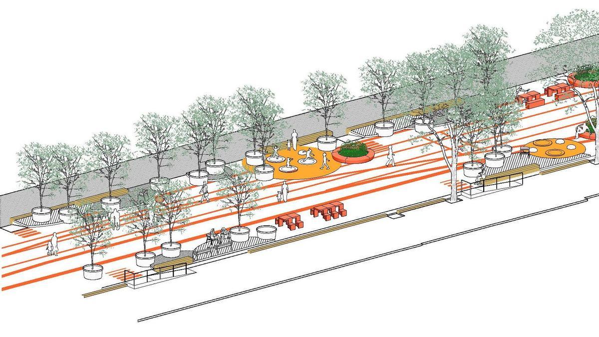 Diseño de la urbanización provisional que quiere impulsar el ayuntamiento, con más vegetación y mobiliario para instalarse en el espacio público.