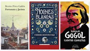 Portadas de Fortunata y Jacinta, Noches Blancas y Cuentos completos de Nikolái Gógol.