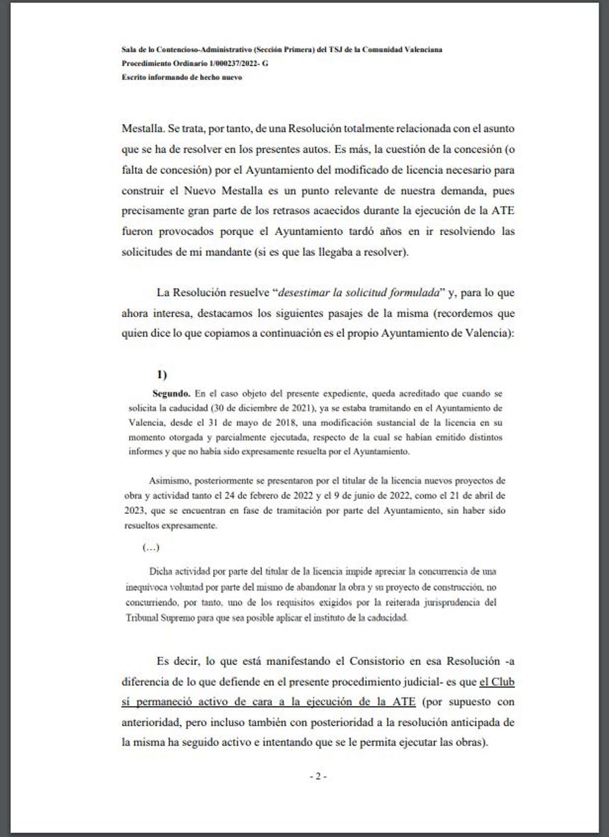 El escrito del Valencia CF presentado al TSJCV este miércoles