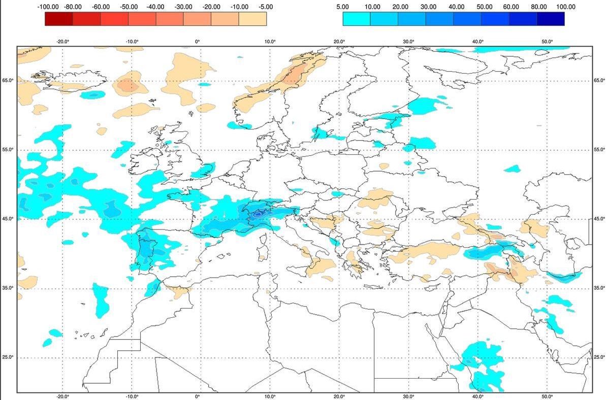 Mapa de anomalías de lluvia para el mes de abril