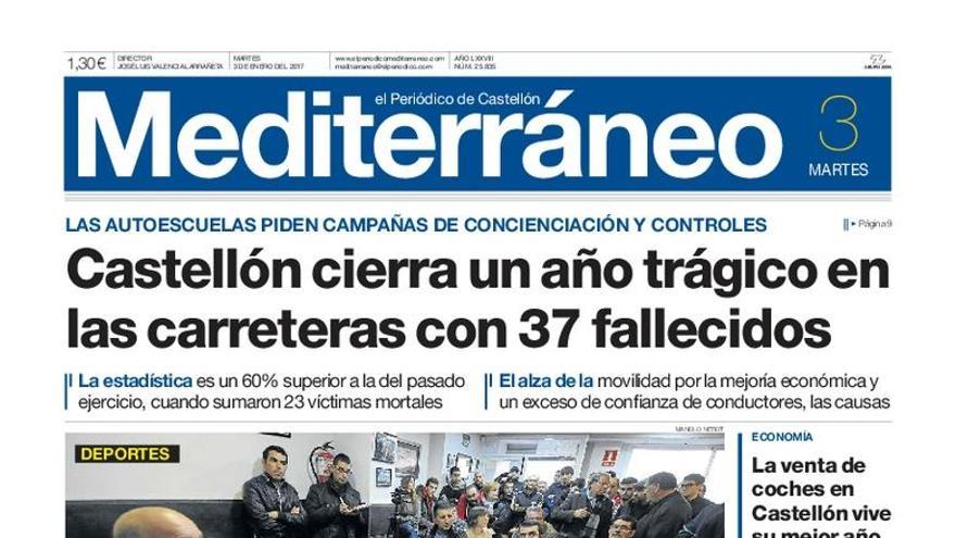 Castellón cierra un año trágico en las carreteras con 37 fallecidos, en la portada de Mediterráneo