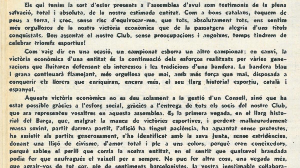 Discurso de Enric Llaudet en la asamblea de socis de 1966 respecto al tema económico
