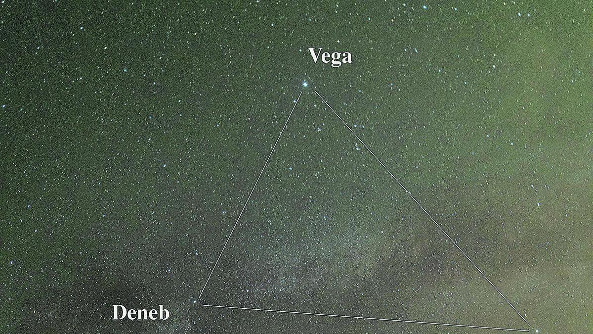 Triángulo trazado en una imagen captada en Portinatx en la que aparecen Vega, Altair y Deneb.