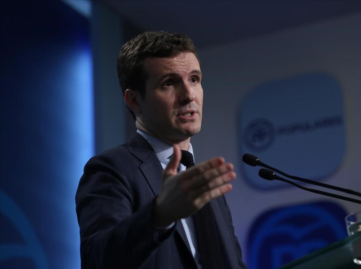 El vicesecretario de comunicación del PP, Pablo Casado, en una rueda de prensa reciente