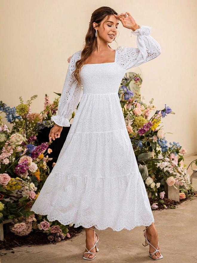 Vestido blanco troquelado con escote cuadrado y manga abullonada de Shein