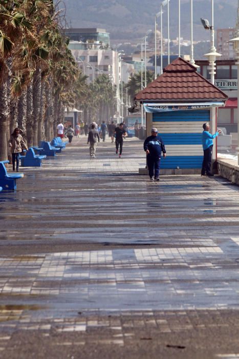 Málaga capital vive una jornada marcada por el fuerte viento, que ha afectado a playas y paseos marítimos y ha obligado a cortas las comunicaciones marítimas con Melilla.