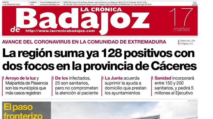 Esta es la portada de LA CRÓNICA DE BADAJOZ correspondiente al día 17 de marzo del 2020