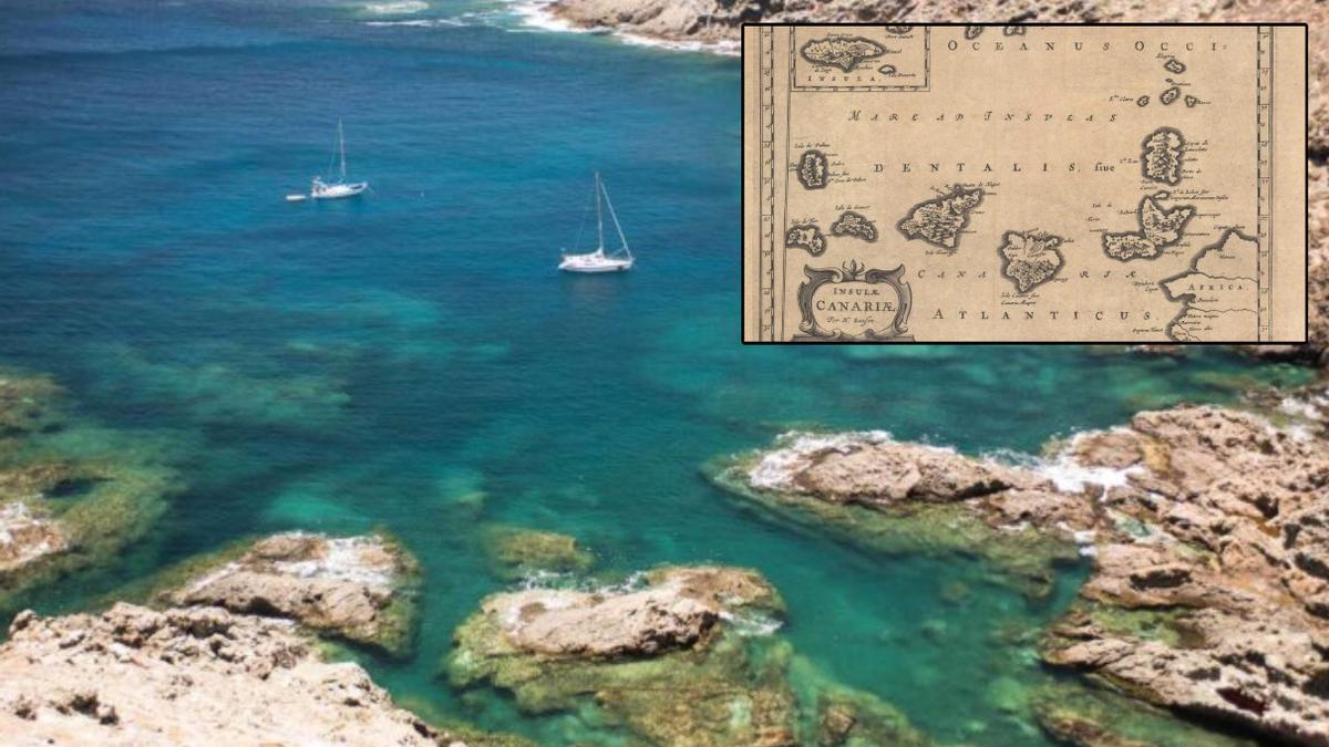 Una fotografía de las Islas Salvajes y arriba a la derecha un mapa antiguo de Canarias donde aparecen representadas.