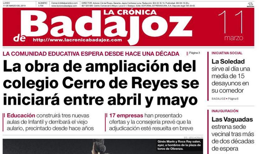 Esta es la portada de LA CRÓNICA DE BADAJOZ correspondiente al día 11 de marzo del 2019