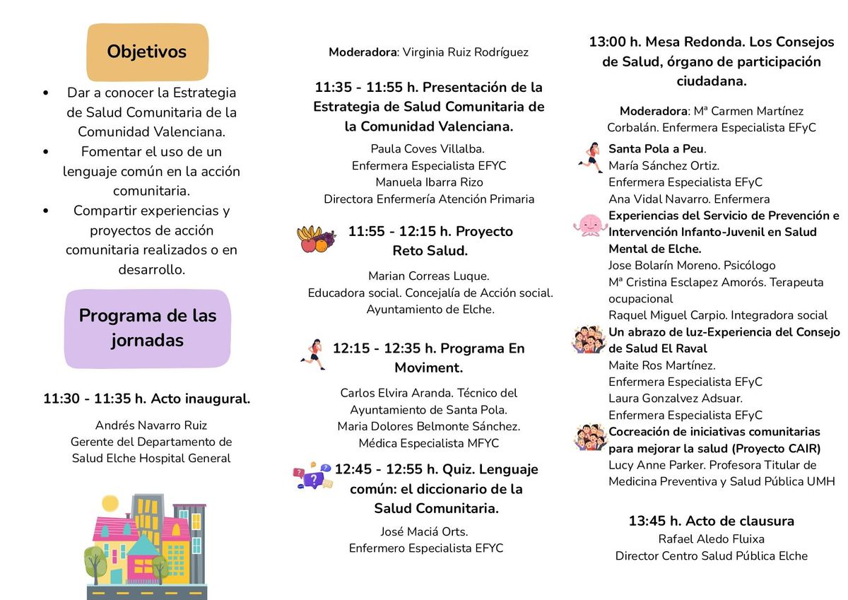 Programa de la I Jornada Departamental de Salud Comunitaria que se celebra este miércoles en Elche