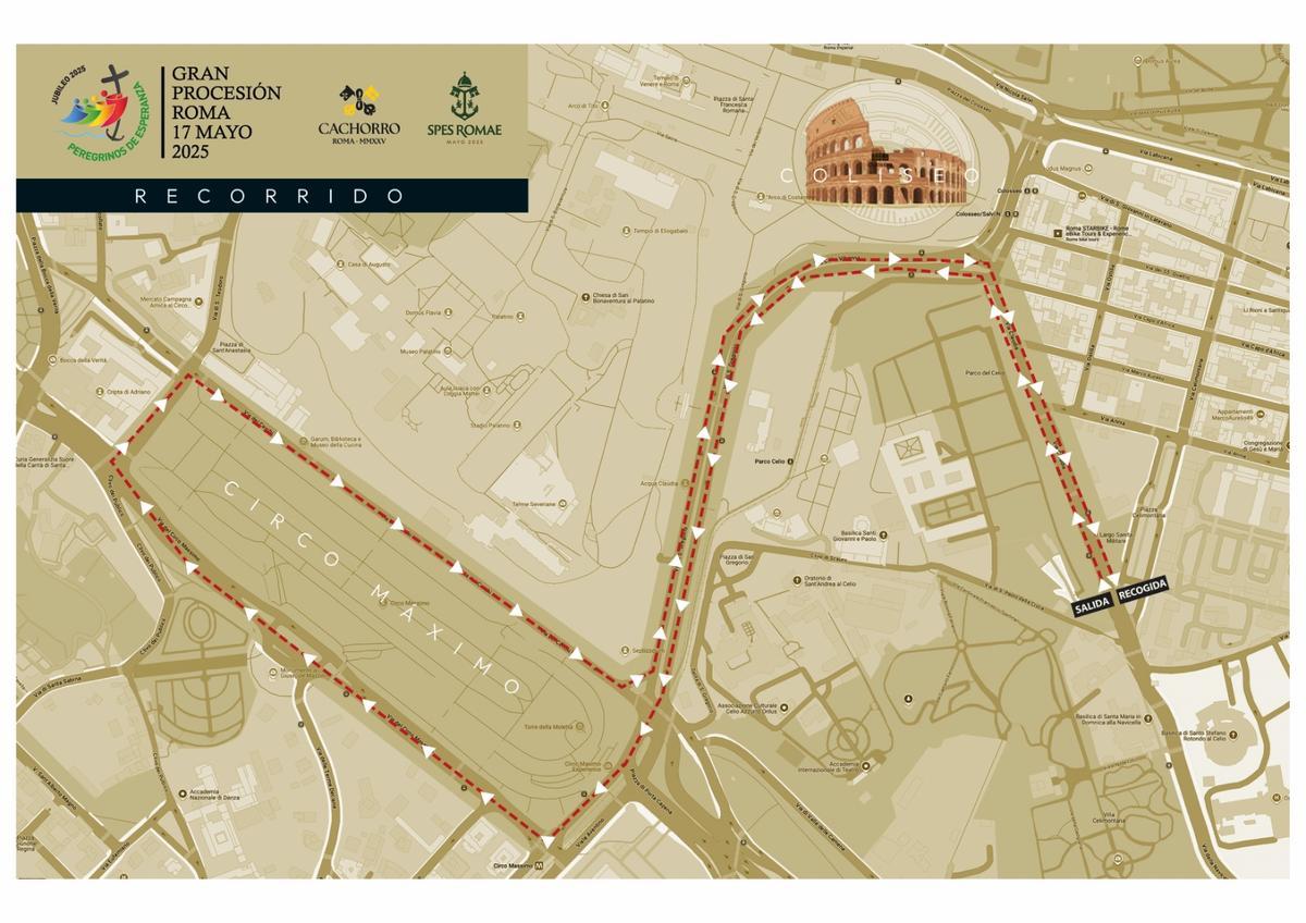 Mapa del recorrido de la Esperanza y el Cachorro por Roma
