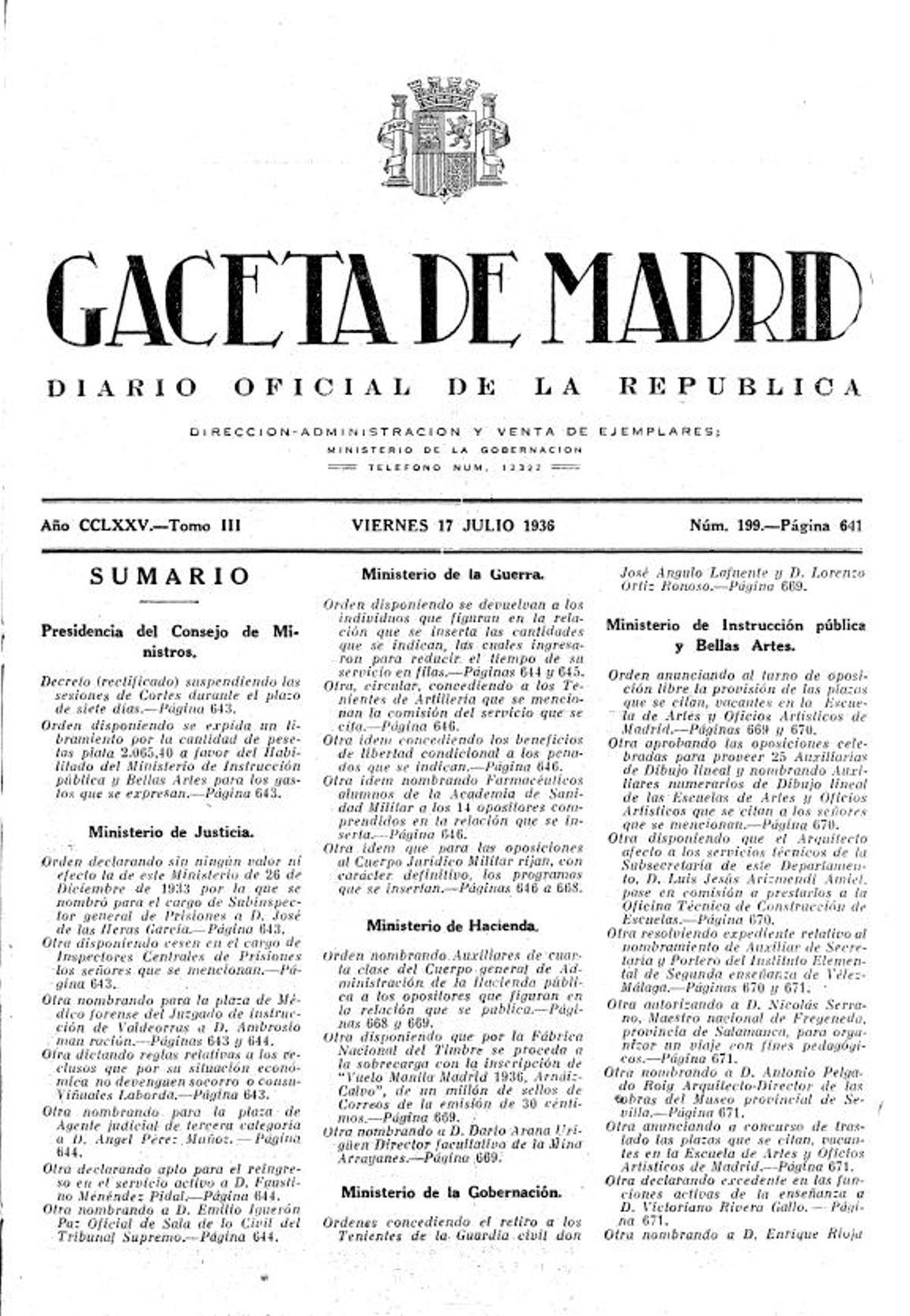 Portada de la Gaceta de Madrid del 17 de julio de 1936.