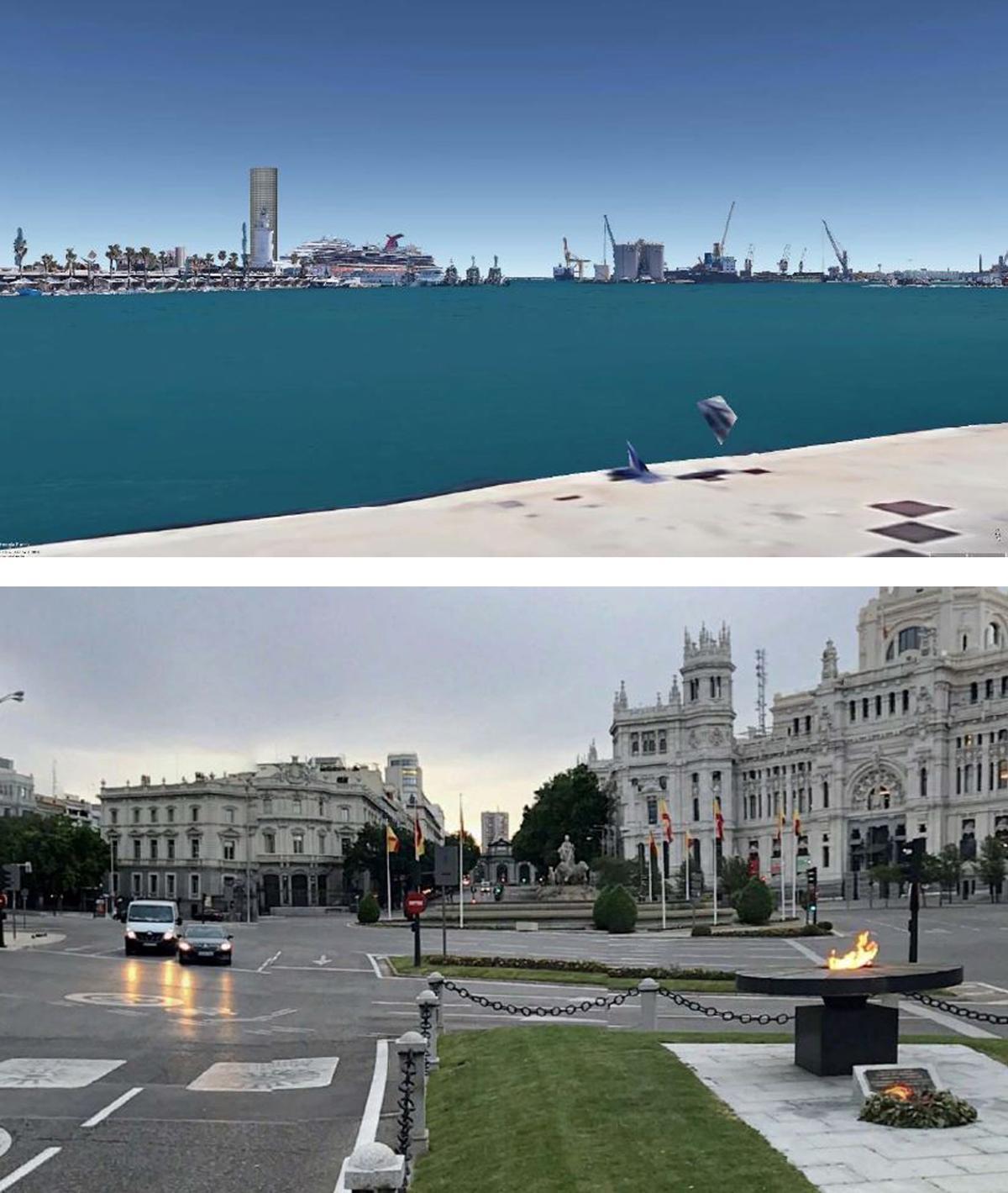 Impacto de la Torre del Puerto de 150 metros con respecto a la Farola y la Torre de Valencia en relación con la Puerta de Alcalá, desde 440 metros ambas imágenes.