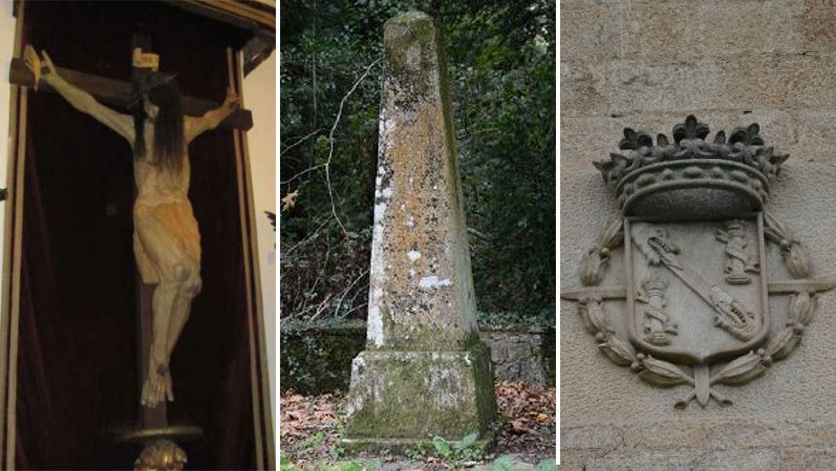 Un Cristo con pelo natural, el monolito de piedra para conmemorar la visita de Alfonso XIII y Victoria Eugenia y el escudo del ducado de Franco en la fachada del pazo de Meirás.