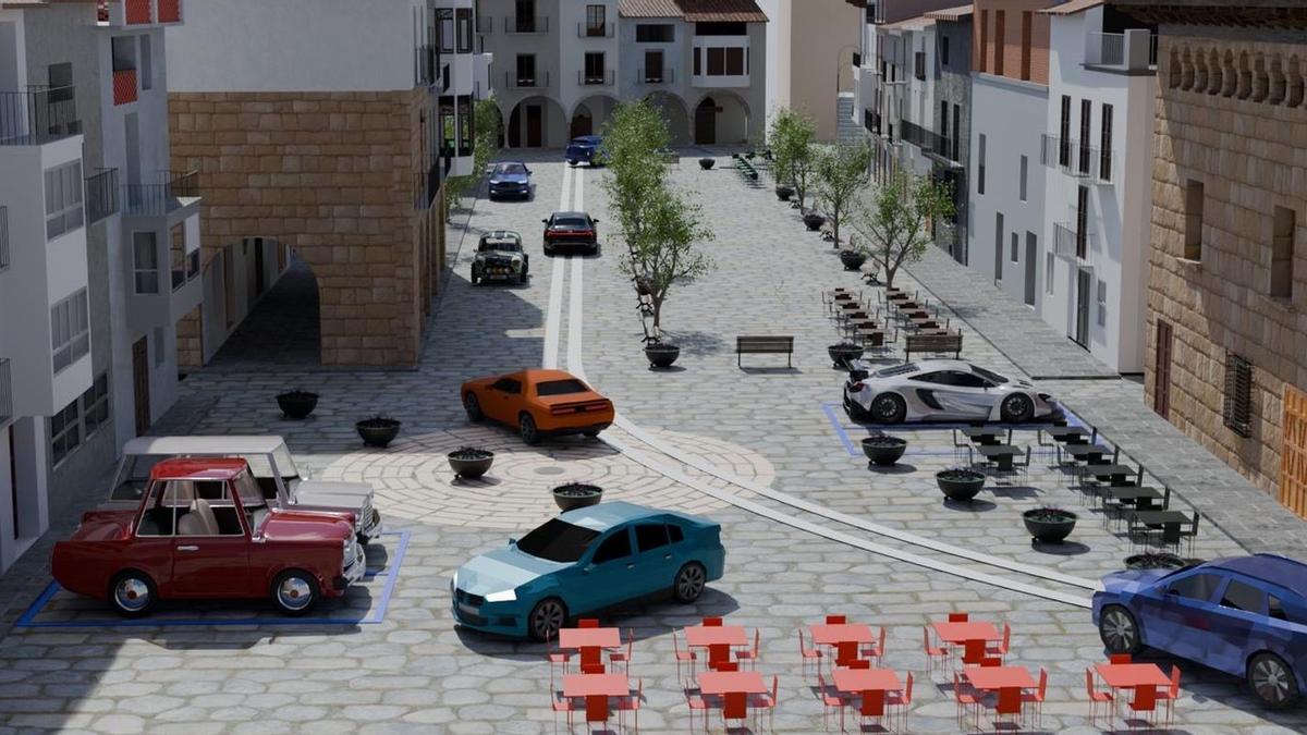 La imagen muestra una de las tres posibilidades que se barajan para remodelas la Plaça Major de Forcall.