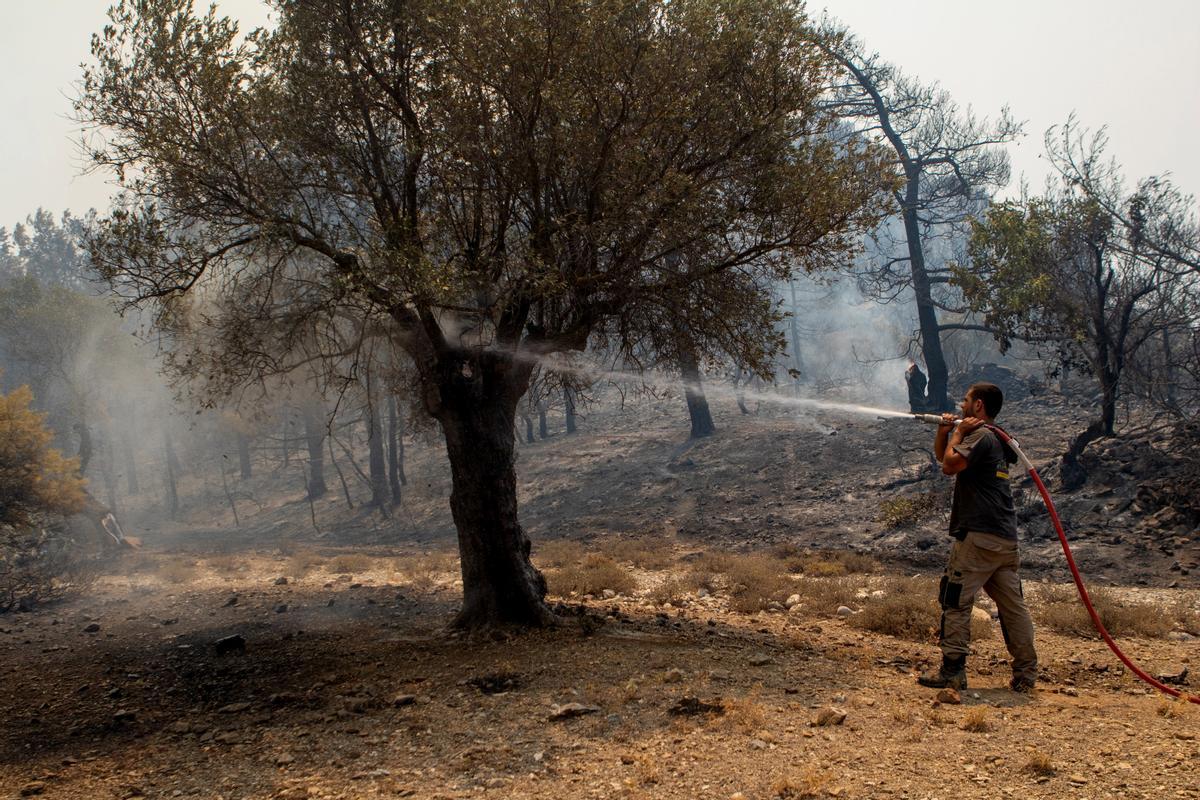 Asklipio (Greece), 23/07/2023.- A man tries to put out a wildfire in Asklipio village, on Rhodes island, Greece, 23 July 2023. Firefighters battle wildfires on the island of Rhodes burning in three active fronts. The fire operation is focused on preventing the fire from spreading further as strong winds cause constant rekindling of the fire. The Dodecanese Islands Police Directorate said the several villages and towns were evacuated for preventative reasons and visitors at hotels in areas affected by wildfires. Tour operators have additionally ordered charter flights to land at Rhodes without passengers in order to pick up travelers who wish to leave the island. (incendio forestal, Grecia) EFE/EPA/DAMIANIDIS LEFTERIS