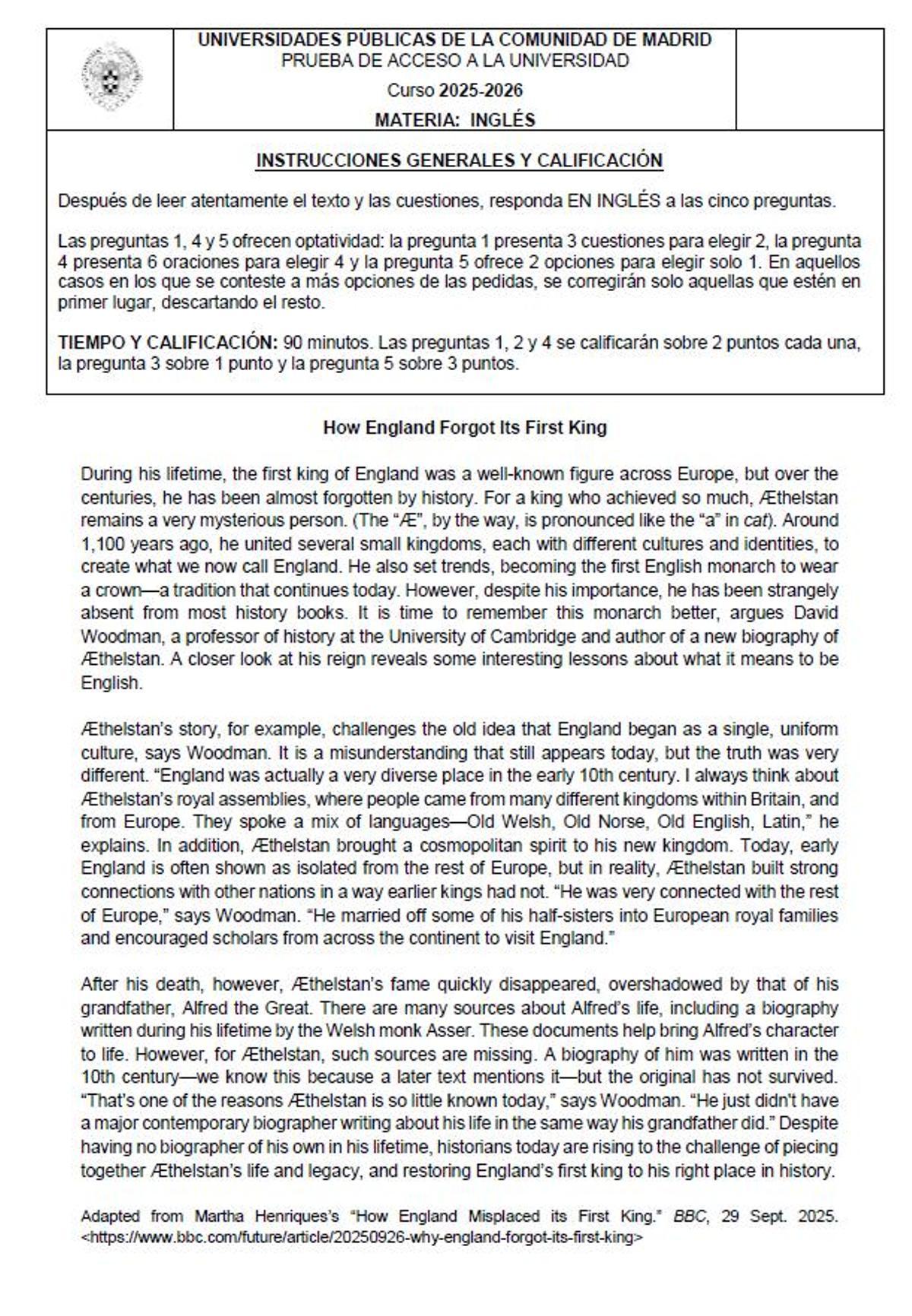 Examen de Inglés de la convocatoria extraordinaria de la PAU de Madrid