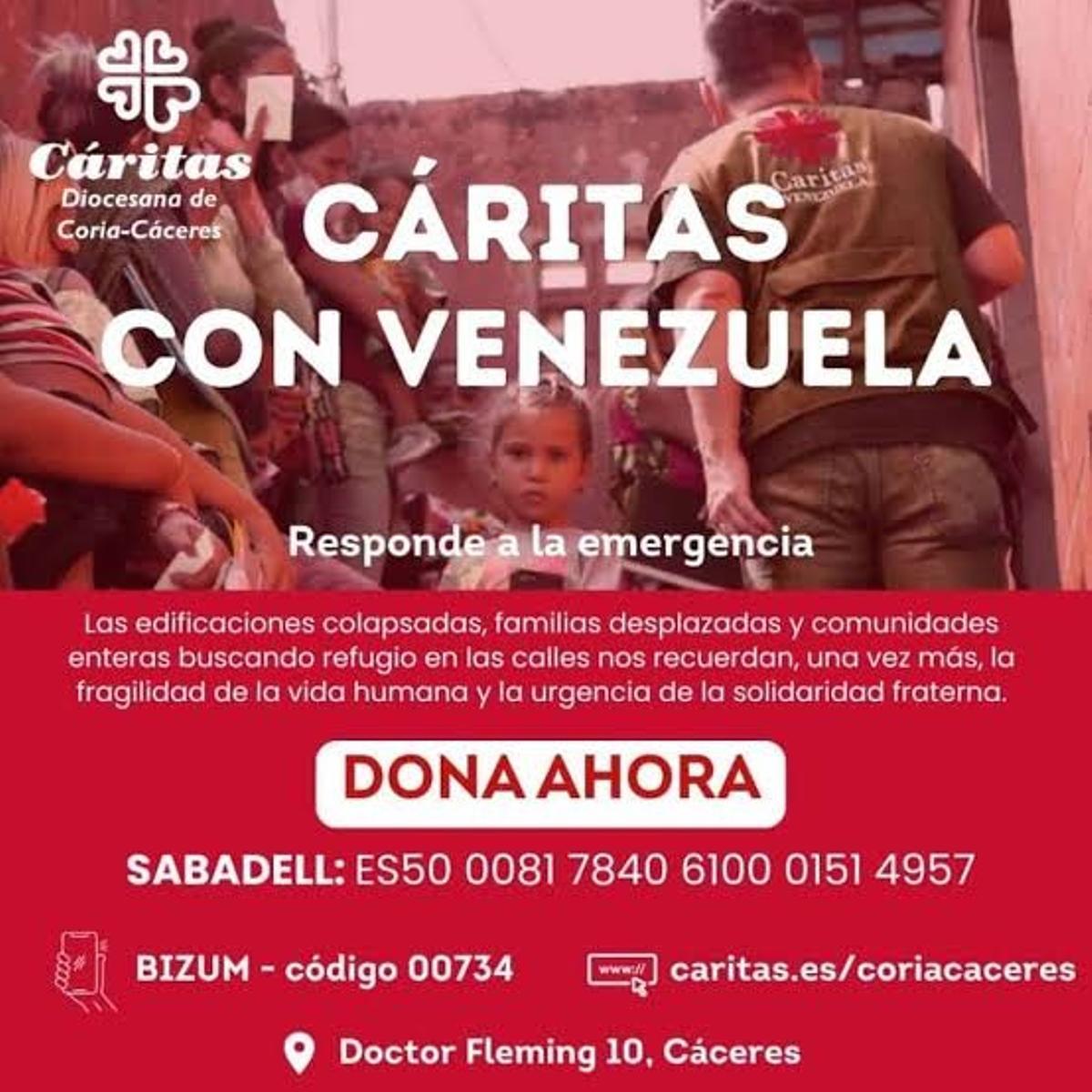Cartel de Cáritas Diocesana para solicitar ayuda a los afectados por el terremoto en Venezuela.