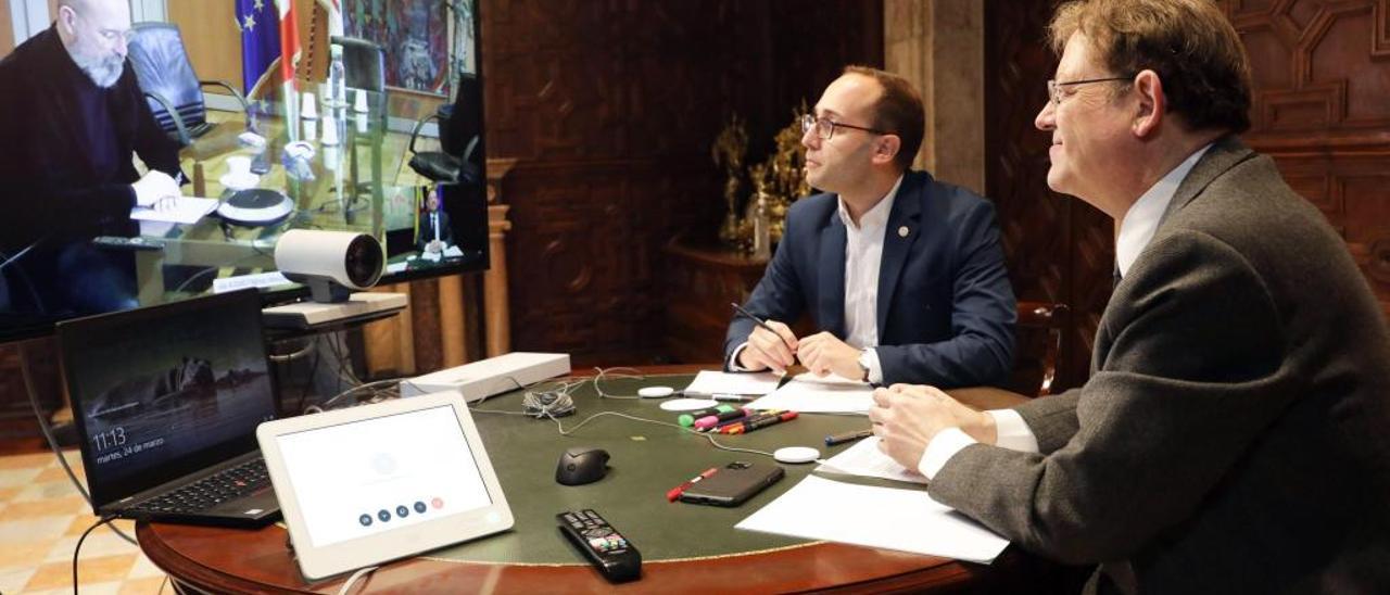 Puig, durante su videoconferencia con el presidente de la región italiana de Emilia-Romagna.