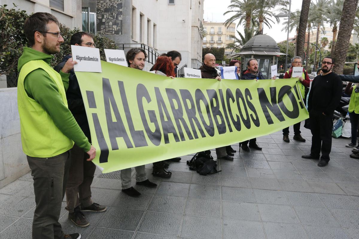 ANDALUCÍA. AL01. ALMERÍA, 19/02/2016. La plataforma ?Desmontando el Algarrobico, compuesta por más de 25 organizaciones ecologistas, políticas y sociales, se han concentrado hoy a las puertas de la Audiencia Provincial de Almería donde han defendido que Azata, propietaria del hotel edificado en el paraje del Algarrobico en Carboneras (Almería), no tiene derecho a ningún tipo de indemnización al fallar el Tribunal Supremo en una sentencia que se edificó sobre terreno no urbanizable. EFE / Carlos Barba