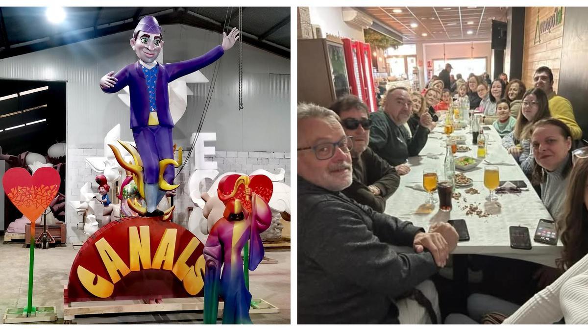 A la izquierda, el primer monumento de la comisión fallera de Canals. A la derecha, los falleros en una cena reciente.