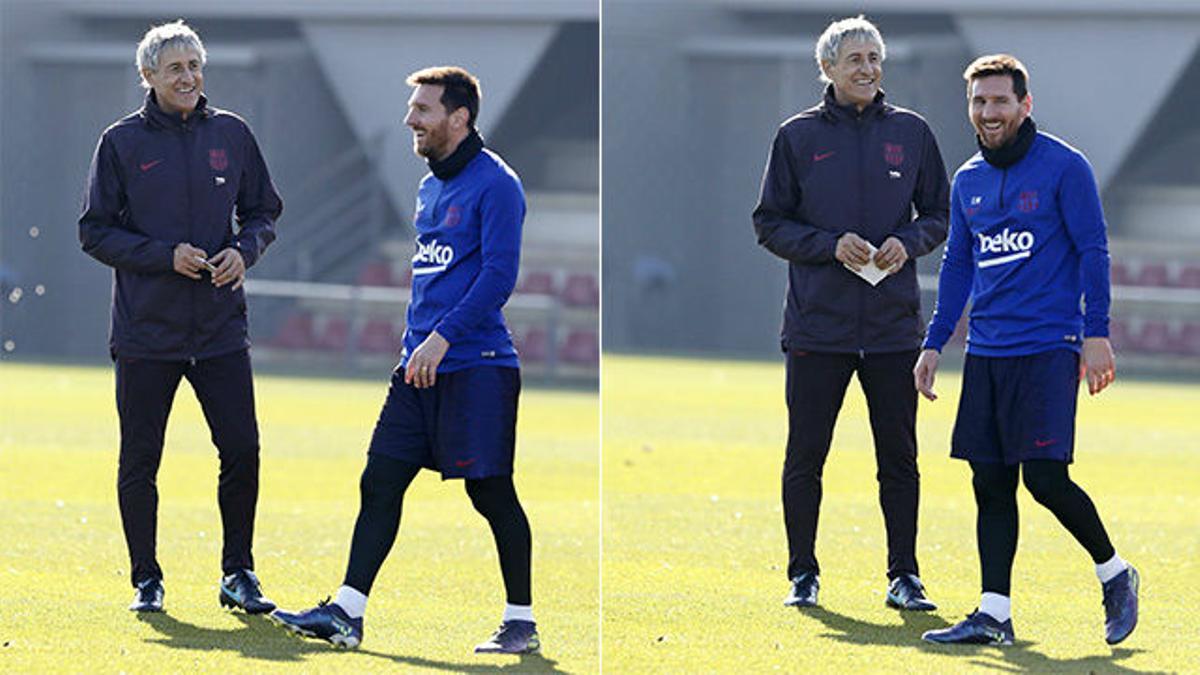 Messi y Quique Setién se lo pasaron en grande en el entrenamiento