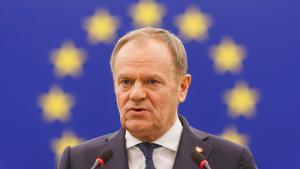 El primer ministro de Polonia y presidente de turno de la UE, Donald Tusk, en el pleno de la Cámara de Estrasburgo este miércoles.