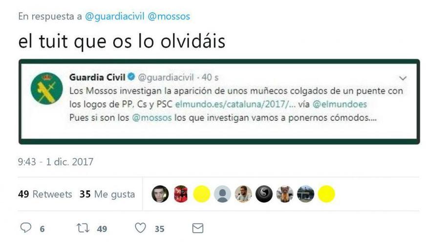 La Guardia Civil rectifica un tuit que se mofaba de los Mossos