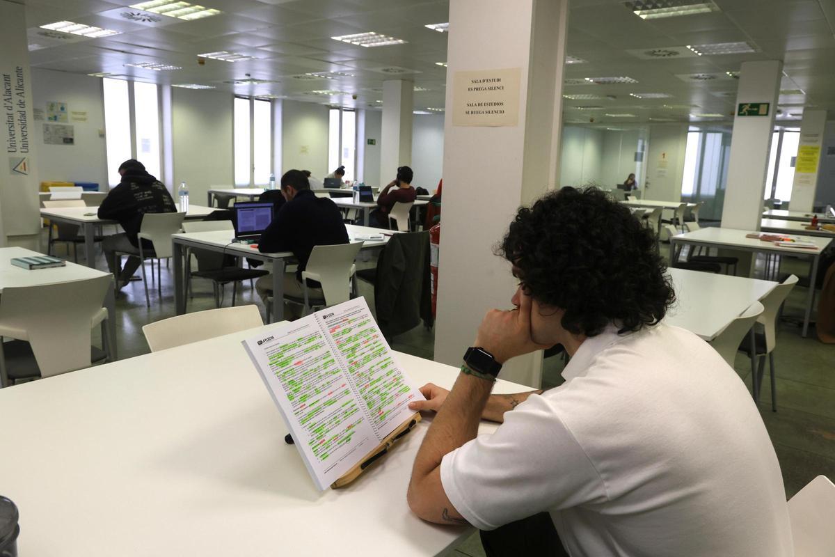 Estudiantes preparan sus examenes en la sala de de estudio de la Sede Universitaria de la UA en Alicante.