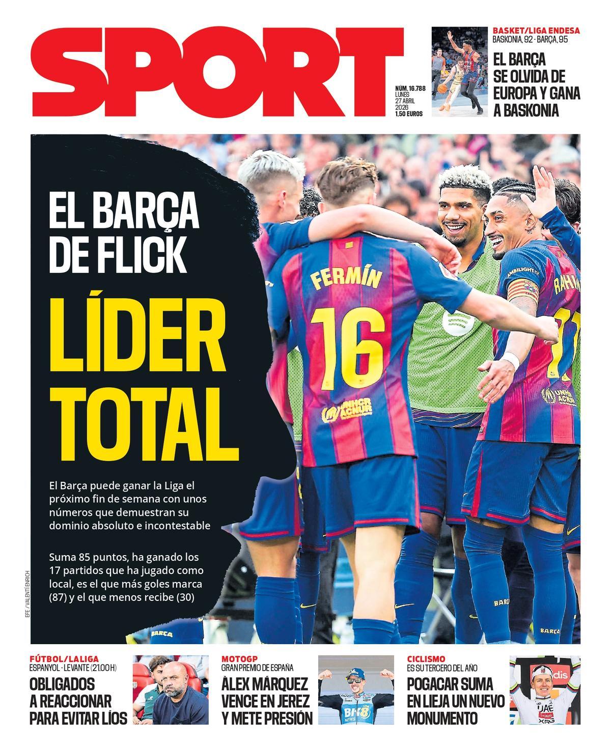 Esta es la portada de SPORT de hoy, lunes 27 de abril