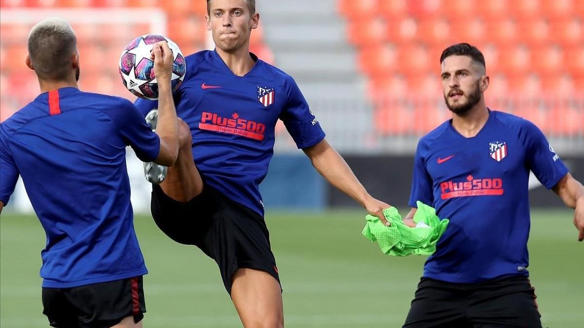 Marcos Llorente, en acción, en uno de los entrenamientos del Atlético la pasada semana en Majadahonda